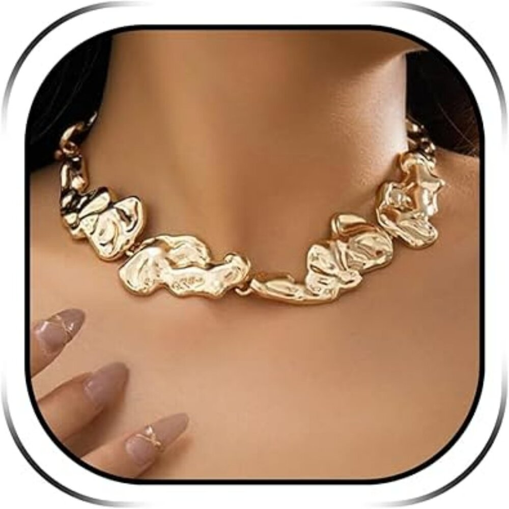 Nugget Chunky Gold Necklace Choker Classy Fashion Statement Stand Out Jewelry